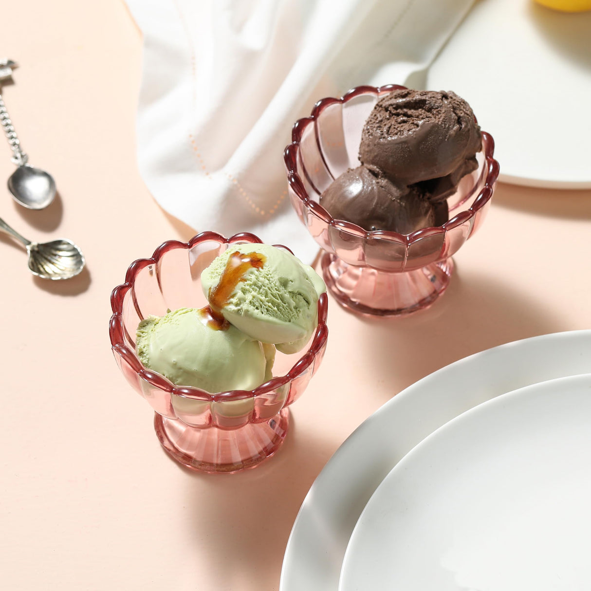 KMwares 6PCs Set 5oz Small Cute Footed Tulip Glass Dessert Bowls/Cups - Perfect for Dessert, Sundae, Ice Cream, Fruit, Salad, Snack, Cocktail, Condiment, Trifle and Christmas Holiday Party (Pink)