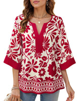 Bebonnie Office Tops for Women Work: 3/4 Sleeve V Neck Dressy Blouses for Women - Womens Blouses Dressy Casual Bell Sleeve Fall - Ladies Tunic Tops Plus Size for Holiday Christmas Multi Red XXL