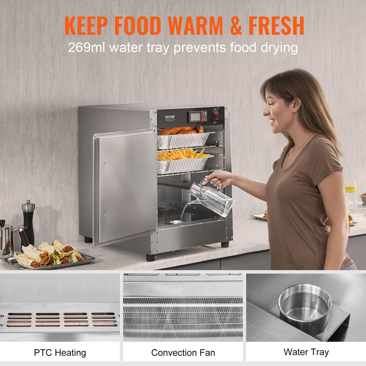 VEVOR Hot Box Food Warmer, 4-Tier Concession Warmer with Water Tray, 4 Pans, Single-Door and Adjustable Shelves, Stainless Steel Food Warmer Cabinet, Ideal for Storing Pizza, Chicken, Restaurant