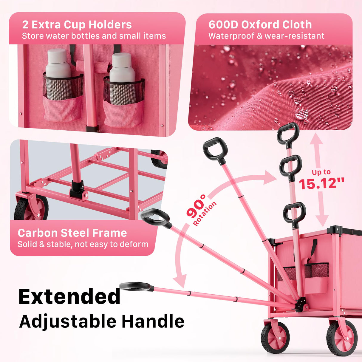 HOMBETTA 29.3" Collapsible Wagon Cart, 150L Heavy Duty Folding Utility Wagon with Wheels, 260 lbs Load, Portable Rolling Cart for Garden, Shopping, Sports, Camping, Pink