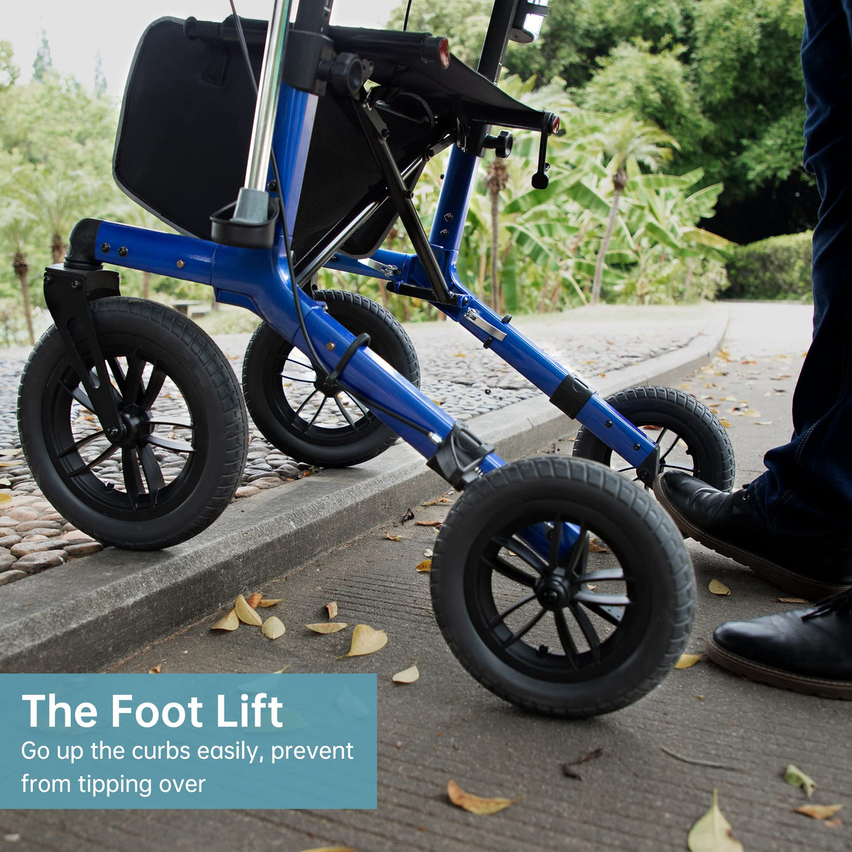 ELENKER All-Terrain Rollator Walker with Non-Pneumatic Tire 12” Front Rubber Wheels, Compact Folding Design for Seniors, Blue