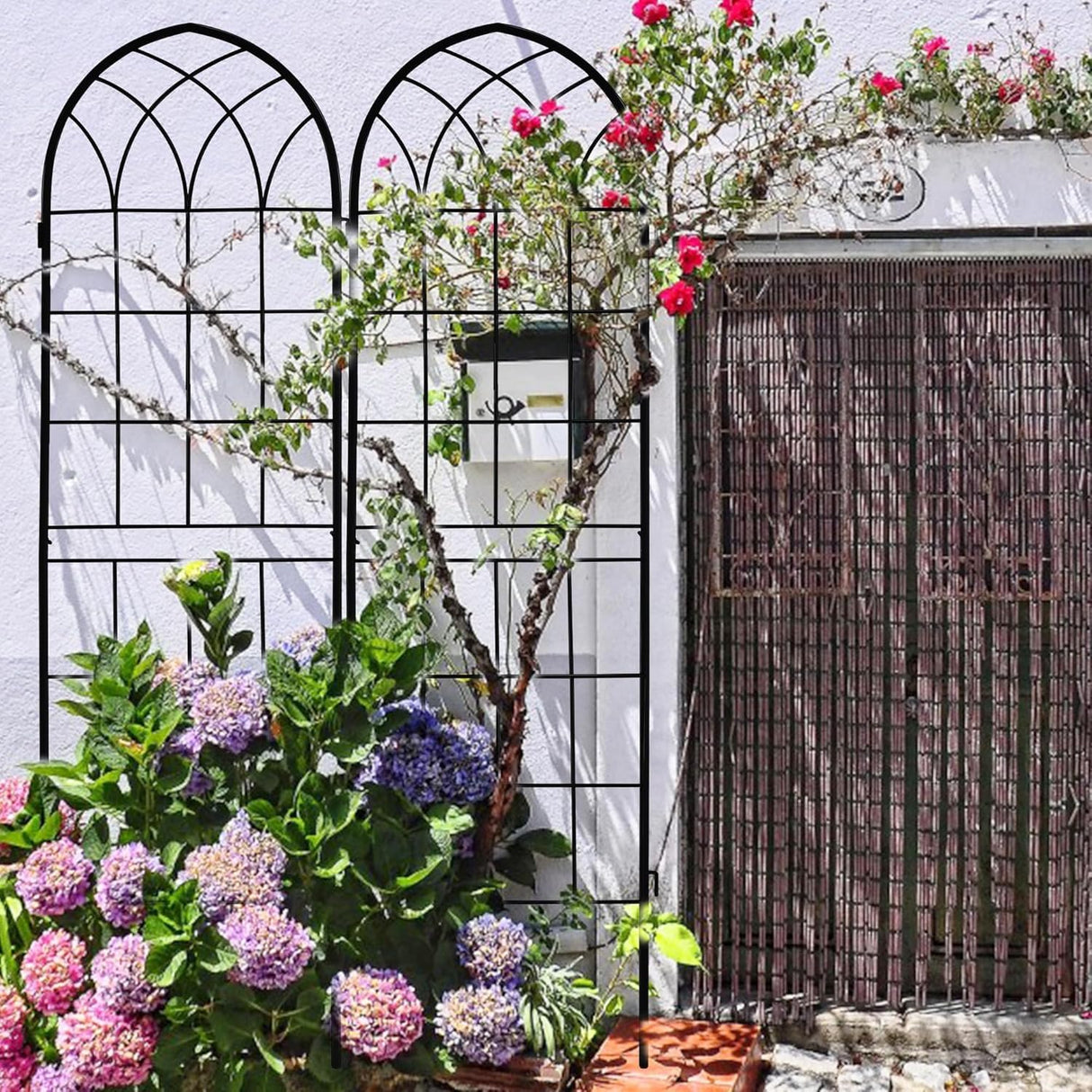 LZRS 71 x 80in Rustic Iron Arch Decoration Garden Trellis with Black Metal Coating – Perfect for Supporting Climbing Plants Outdoor, Roses, Vines, Flowers, and Vegetables.