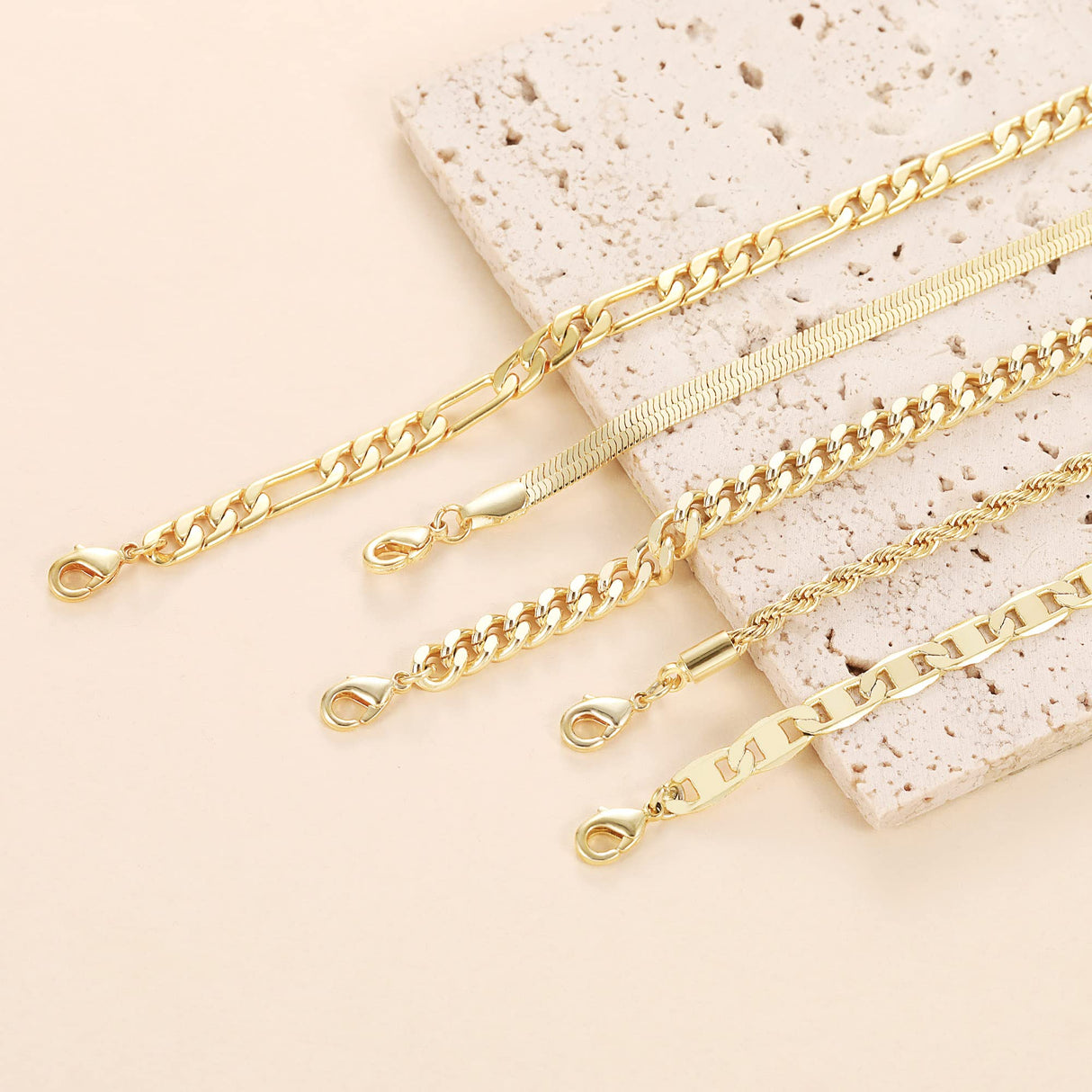 DEARMAY 14K Gold Plated Anklets Waterproof Ankle Bracelets for Women Cuban Link Anklet Bracelets Cute Figaro Paperclip Rope Herringbone Set Jewelry