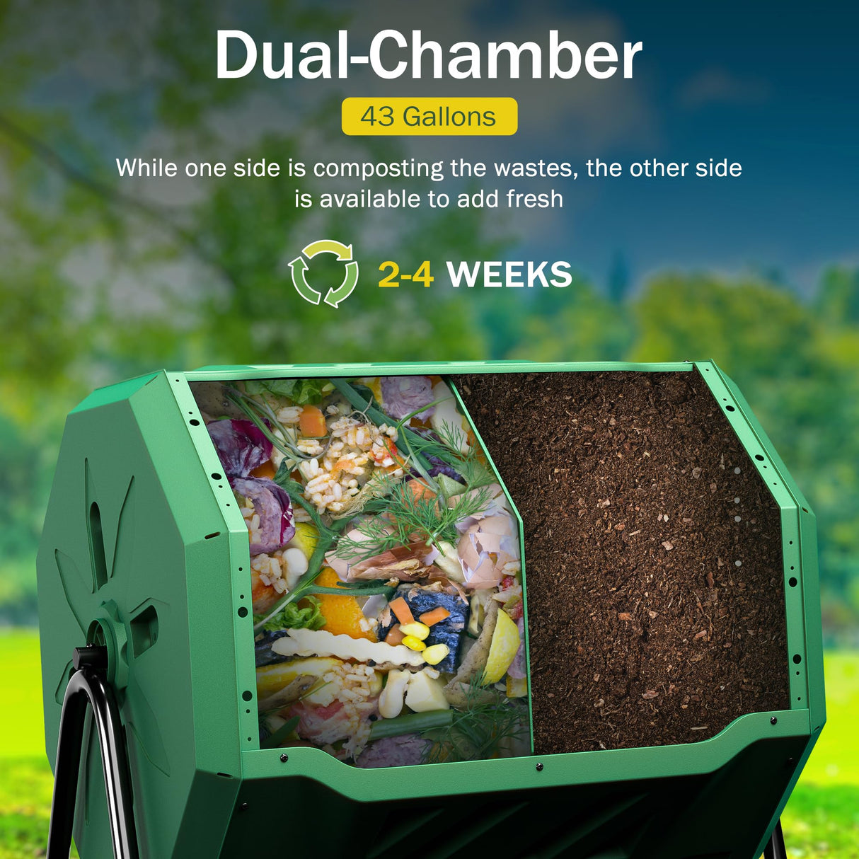 Saicool 43 Gallon Large Dual Chamber Composting Tumbler Outdoor Garden Rotating Compost Bin Tumbling Composter with Sliding Door, Green