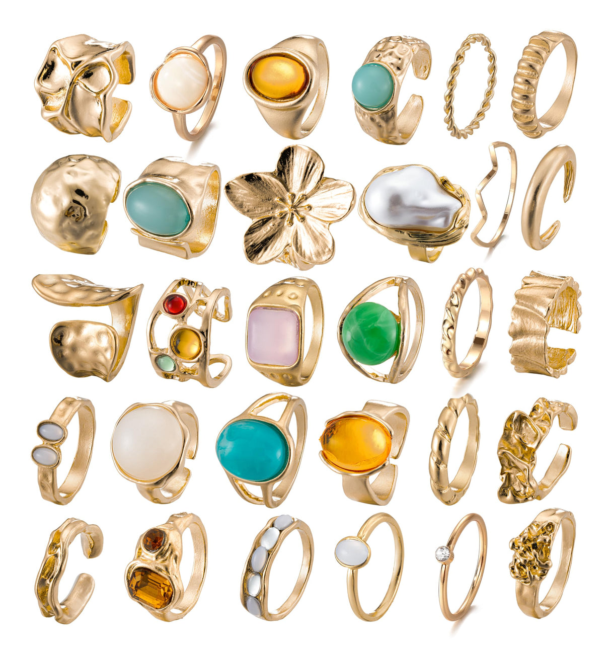 Mixcbe 30 Pcs Gold Crystal Stacks Ring Sets for Women Chunky Gemstone Knuckle Rings Boho Flower Statement Joint Finger Rings Pack for Jewelry Gift