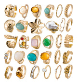 Mixcbe 30 Pcs Gold Crystal Stacks Ring Sets for Women Chunky Gemstone Knuckle Rings Boho Flower Statement Joint Finger Rings Pack for Jewelry Gift