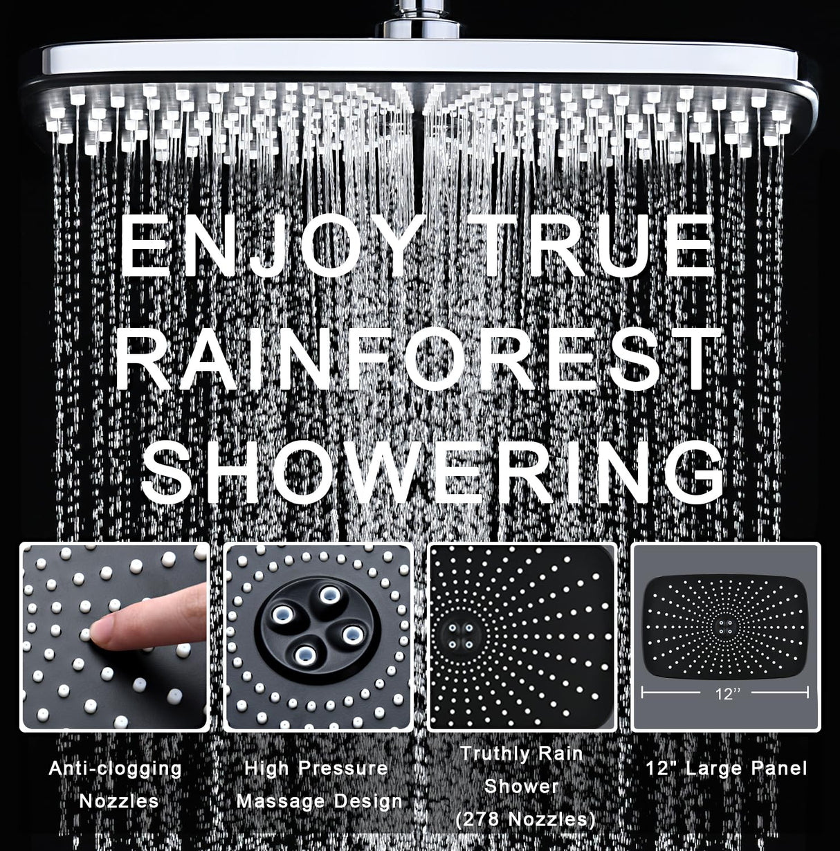 BOZYBO Rain Shower Head with Handheld: High Pressure Shower Heads with Handheld Spray Combo, 12" Rainfall Shower Head and 9 Sprays Hand Showerheads with Magnetic Docking and Power Jets, Chrome