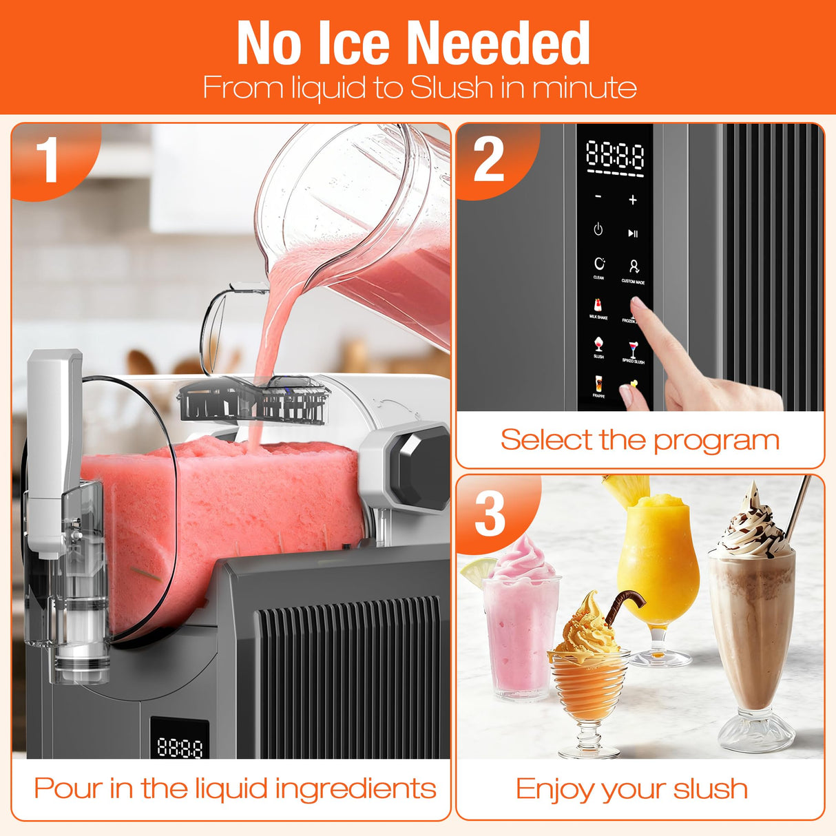 Kourice Slushie Machine No Ice Needed Slushy Machine 92oz Capacity Margarita Machine with 6 Preset Programs LED Display Self-Clean Frozen Drink Maker for Slush Margaritas Smoothie Frappés Milk Shakes
