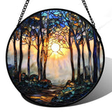 DASTOLL Stained Glass Window Hanging, Forest Sunrise Smoke Blue Brown Tree Suncatcher for Doors Window Home Landscape Sun Catchers Decor Mother's Day Birthday Gifts for Women, Men Mom 6.3 in