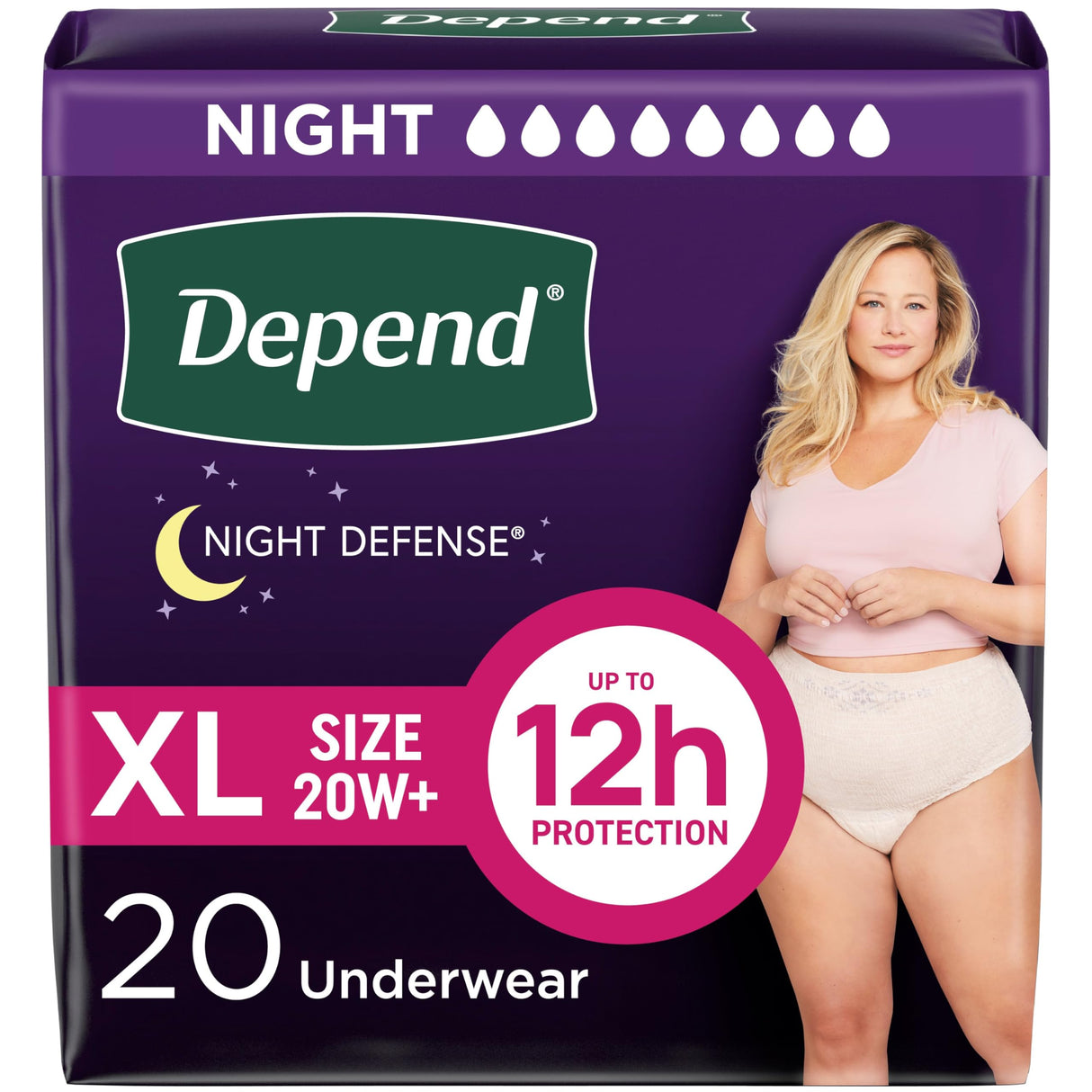 Depend Night Defense Adult Incontinence & Postpartum Bladder Leak Underwear for Women, Disposable, Overnight, Extra-Large, Blush, 20 Count, Packaging May Vary