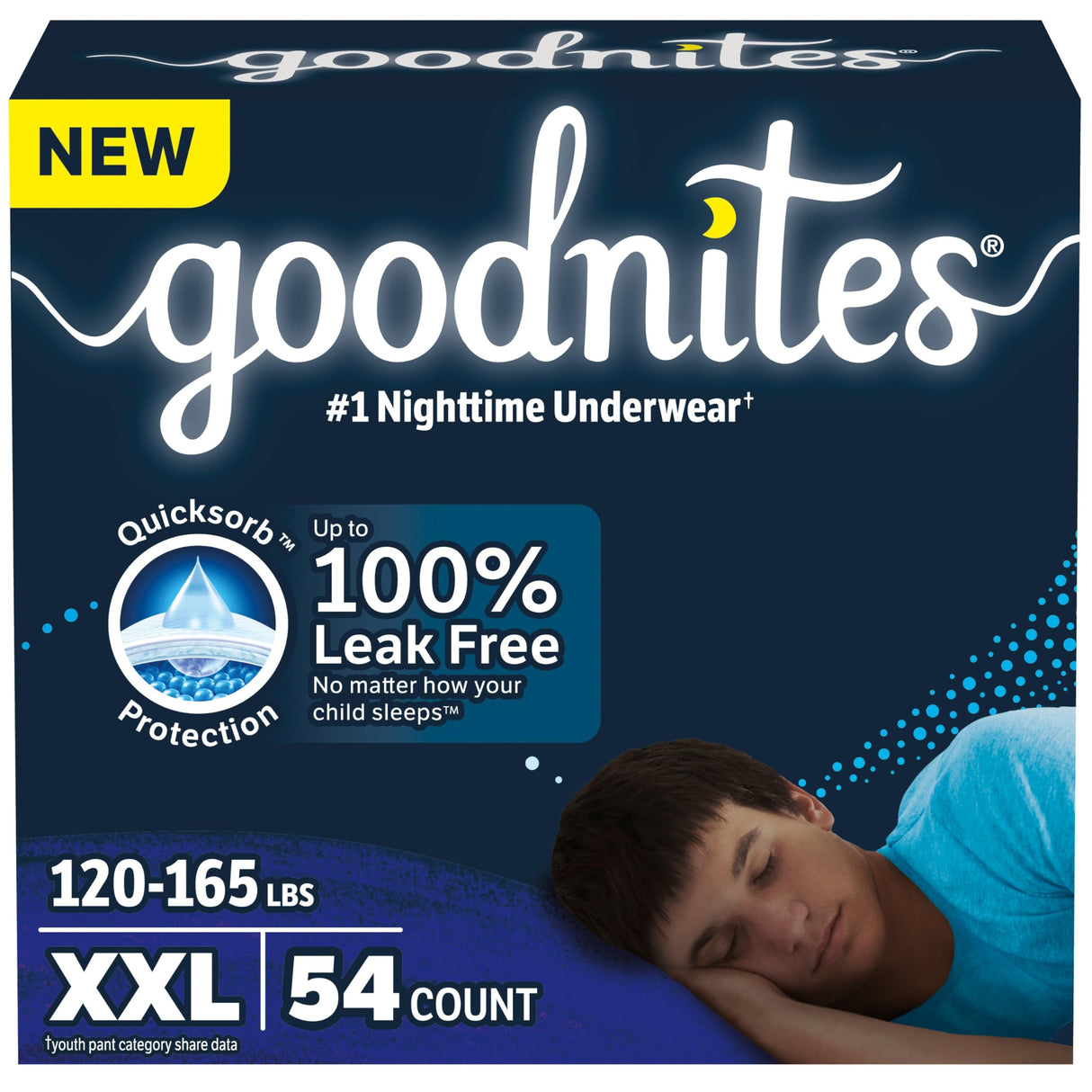 Goodnites Boys' Nighttime Underwear, Size XXL (120-165 lbs), 54 Ct, Packaging May Vary