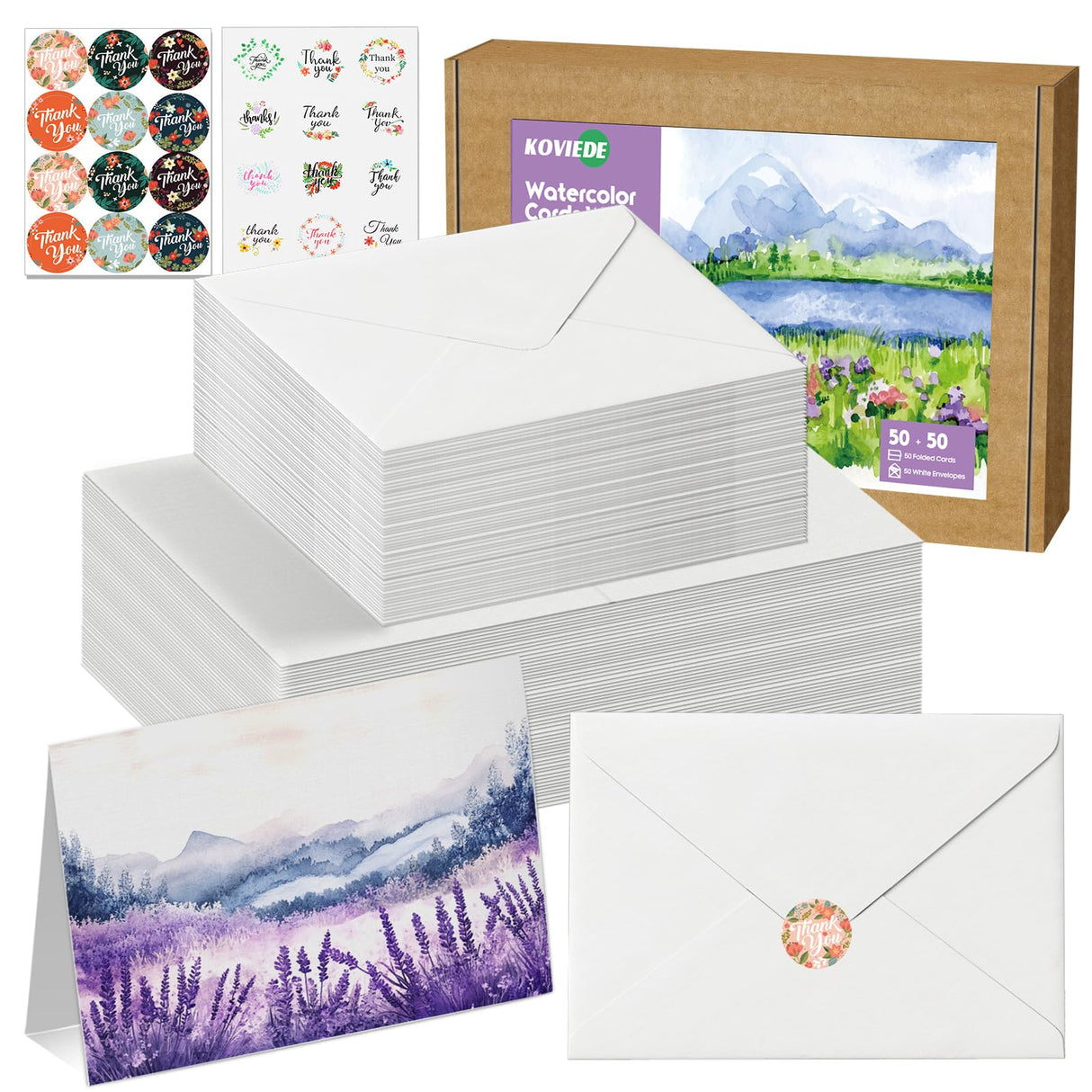 KOVIEDE 50 Pack Foldable Blank Watercolor Cards with Envelopes 4 x 6 Inch, 140lb Heavyweight, 100% Cotton, White, Acid-Free Water color Cards to Paint or Cards Making for Christmas Birthday