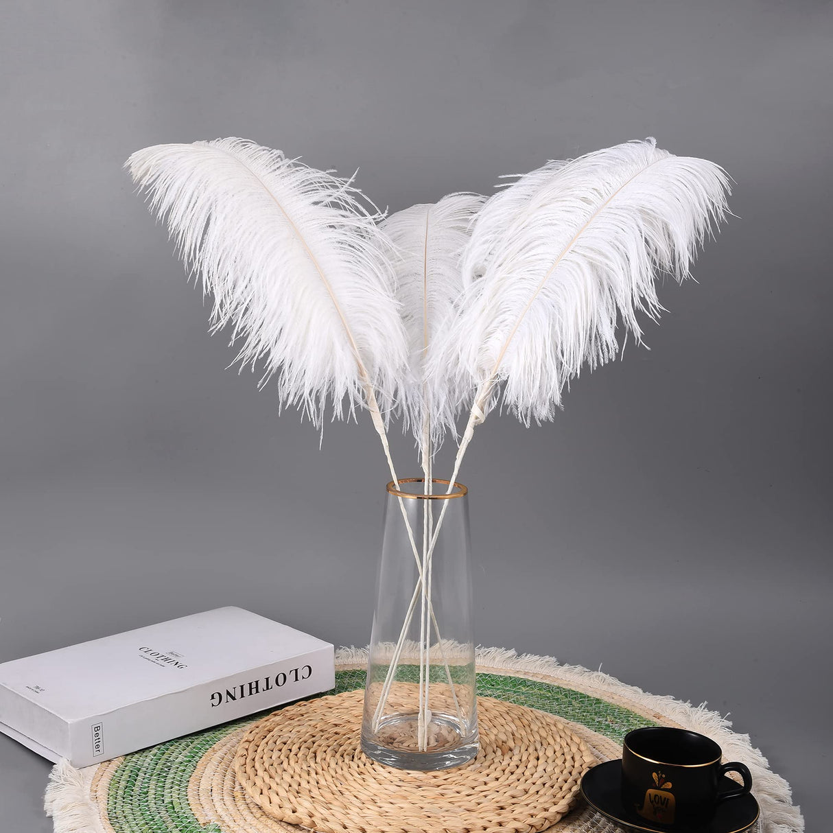 Ballinger White Ostrich Feathers Bulk - Making Kit 10Pcs 28 inch Large Boho Feathers for Vase, Floral Arrangement, Wedding Party Centerpieces and Christmas Home Decorations