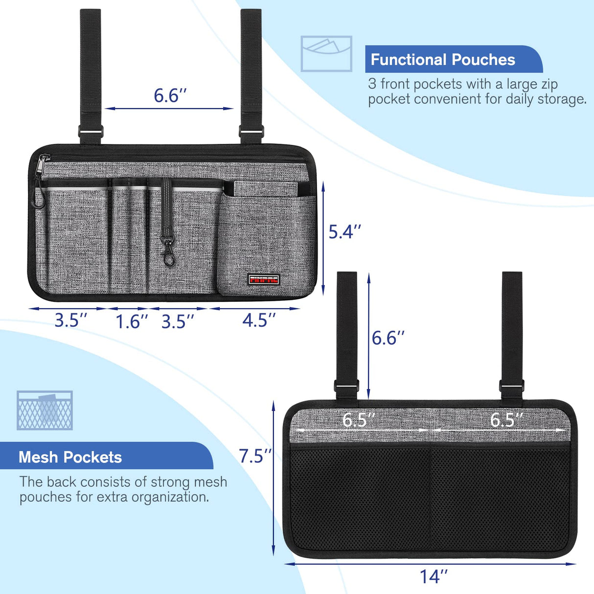 FINPAC Wheelchair Side Storage Bag w/Cup Holder, Wheelchair Armrest Accessories Pouch with Pen Slot and Reflective Strips for Power Walkers, Rollators, Seniors - Gray