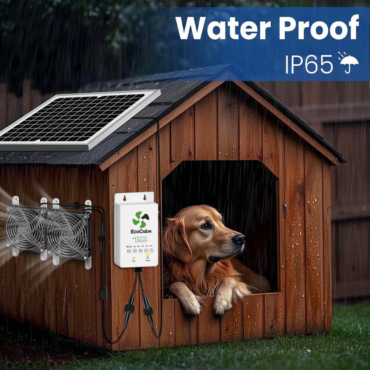ecoCalm Solar Exhaust Fan for Chiken Coop with Smart Thermostat and Battery