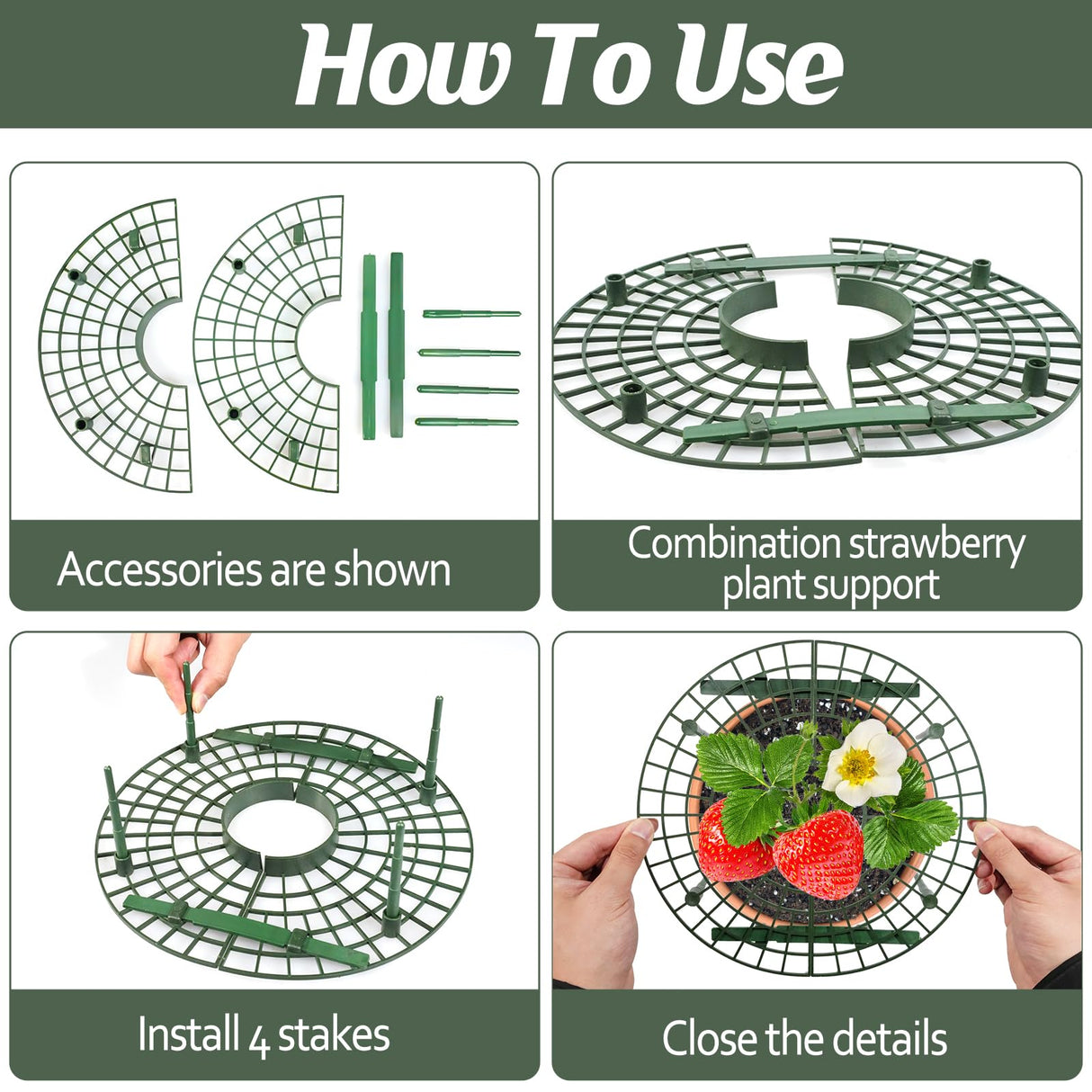 COZYDIG 4 Sets Strawberry Plant Support with Mesh Plant Cover,Strawberry Growing Racks Sets with Iron Plant Nails and Storage Bag for Garden Strawberry Vegetables(White Net - Round)