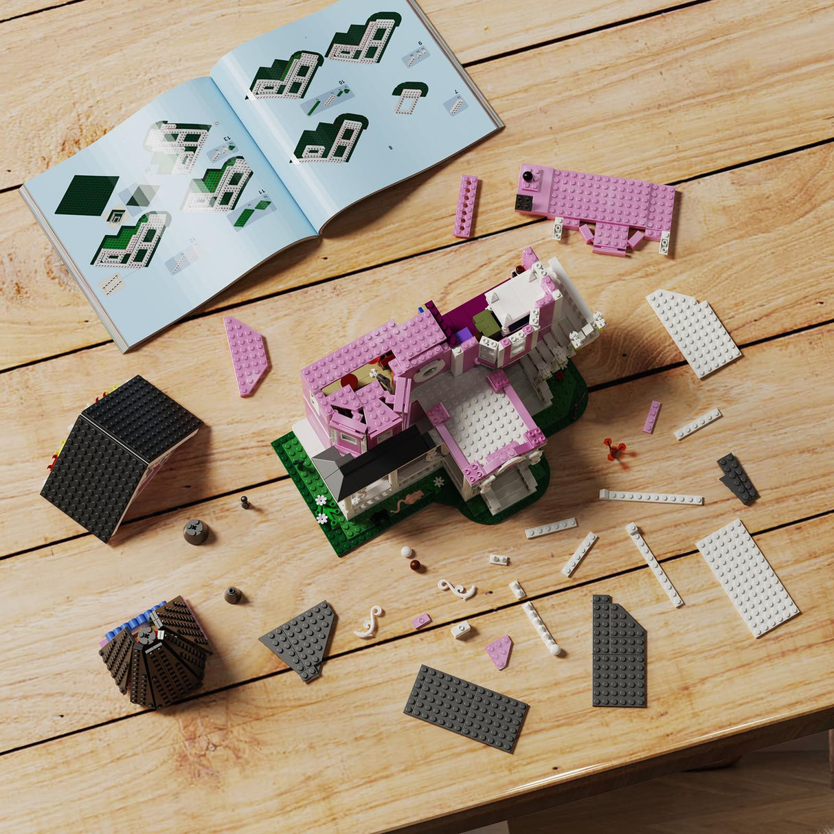 Pink Palace House Building Set with Lights, Halloween Haunted House Blocks Toy, Halloween House Kit for Kids Adults, Compatible with Lego, Christmas for Girls and Boys, Aged 8+ (1349PCS)