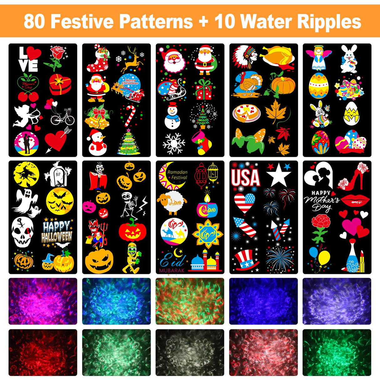 2025 Upgraded Brighter Halloween Decorations Projector Lights for Home, Display 8 Patterns at A Time (Ocean Wave & Patterns), 8 Themes Holiday Projector Christmas’ Day House Decoration Light Show