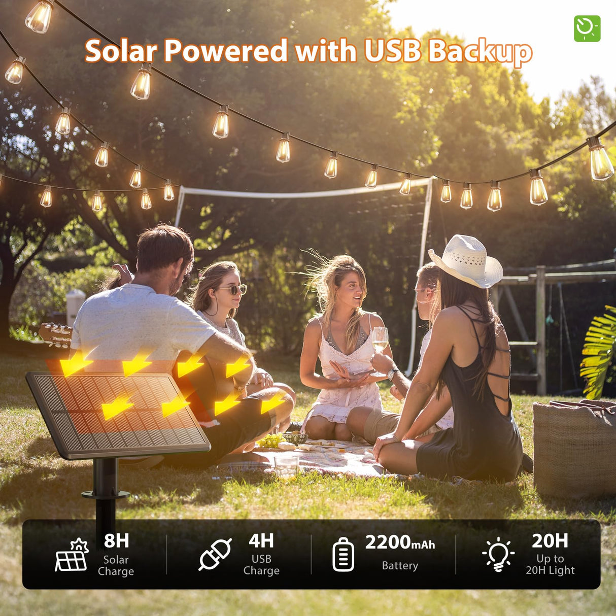 KYY 54FT Solar String Lights Outdoor Waterproof with USB Charging & Remote, Dimmable & Timable, Solar Powered Patio Lights with LED Shatterproof Bulbs for Deck Backyard Porch Garden Camping