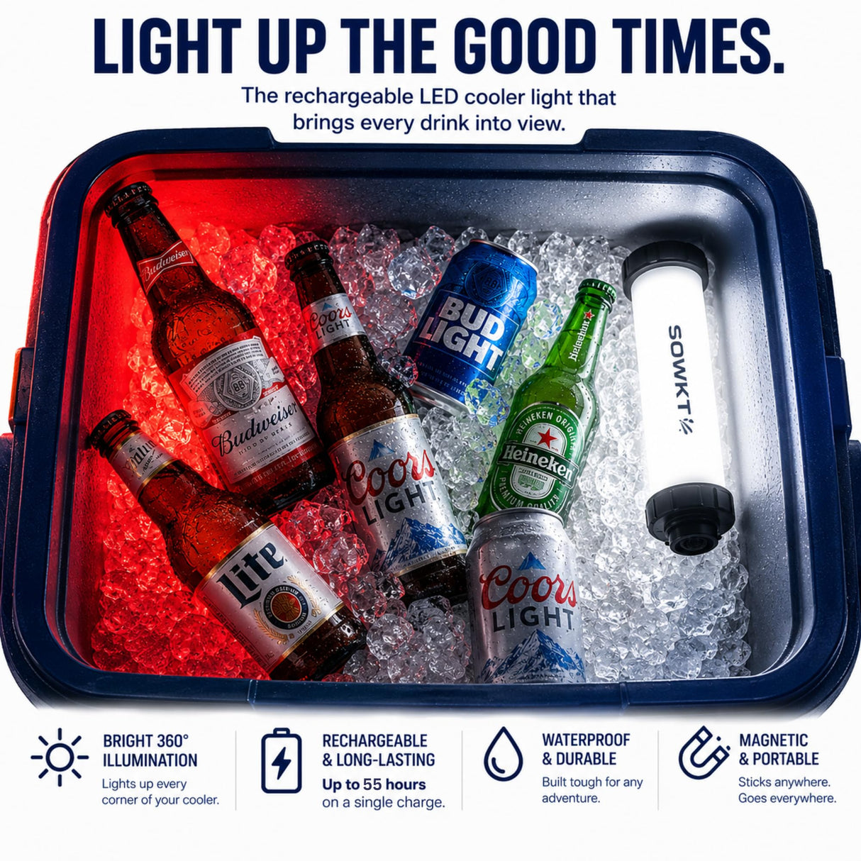 SOWKT® Waterproof Cooler Light - 55 Hours of Light on One Charge Rechargeable LED Light - Cooler Accessories Compatible with YETI, RTIC, ORCA, and More! Great for Camping, Fishing, Parties & Hunting!
