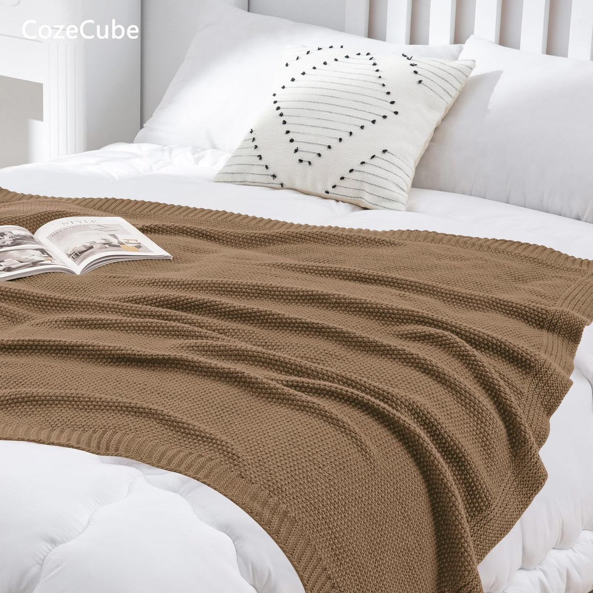 CozeCube Caramel Brown Throw Blanket for Couch, Soft Cozy Cable Knit Throw for Bed Sofa Living Room, Lightweight Warm Decorative Farmhouse Christmas Blanket, 50"x60", Light Brown