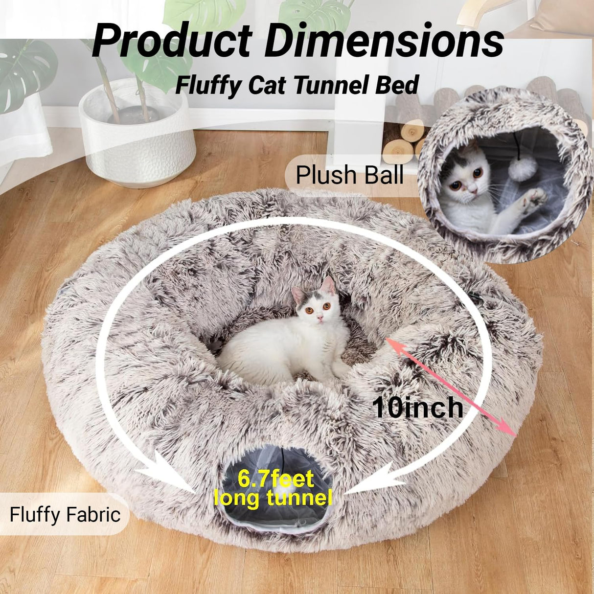 LUCKITTY Warm Fluffy Plush Cat Tunnel Bed Under Christmas Tree Big Tube Playground Toys 3 FT Diameter Longer Crinkle Collapsible 3 Way, for Indoor Cat Kitty Kitten Puppy Rabbit Ferret Brown