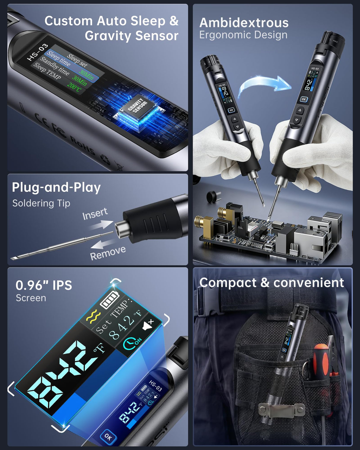 FNIRSI HS-03 Cordless Soldering Iron Kit, 2600mAh Battery Portable Soldering Iron, 212-842°F, 3s Fast Heating, 5-Level Temp, 0.96" IPS Display Soldering Iron for Electronics Repair, DIY, PCB