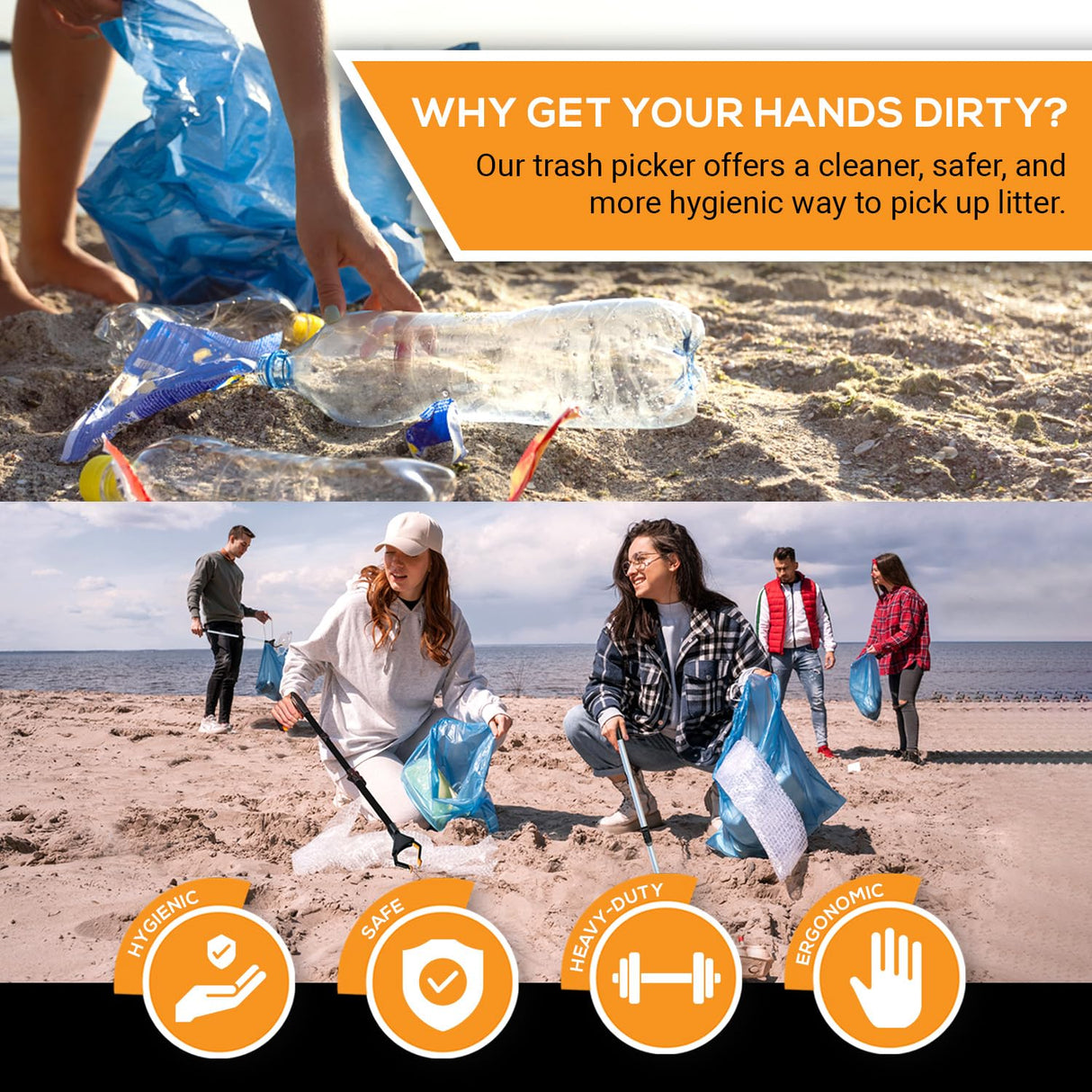EZPIK Grabber Reacher Pro (43-inch), Premium Trash Picker with Comfortable Ergonomic Handle for Effortless Pickup of Trash, Litter & Small Debris, Ideal for Yard Work, Beach Cleanups & More