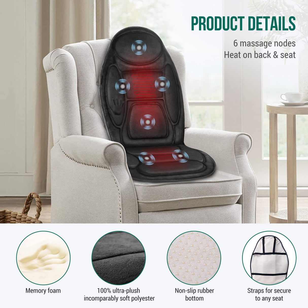Snailax Memory Foam Vibration Back Massager with Heat, Massage Seat Cushion with 6 Vibrating Motors and 2 Heat Levels, Massage Chair Pad, Seat Massager for Home Office use