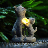 QZFFZQ Solar Cat Garden Statue Outdoor Decor - Mother & Kitten Figurines with Flower LED Light, Outside Yard Art Patio Balcony Lawn Ornament, Unique Gifts for Cat Lover