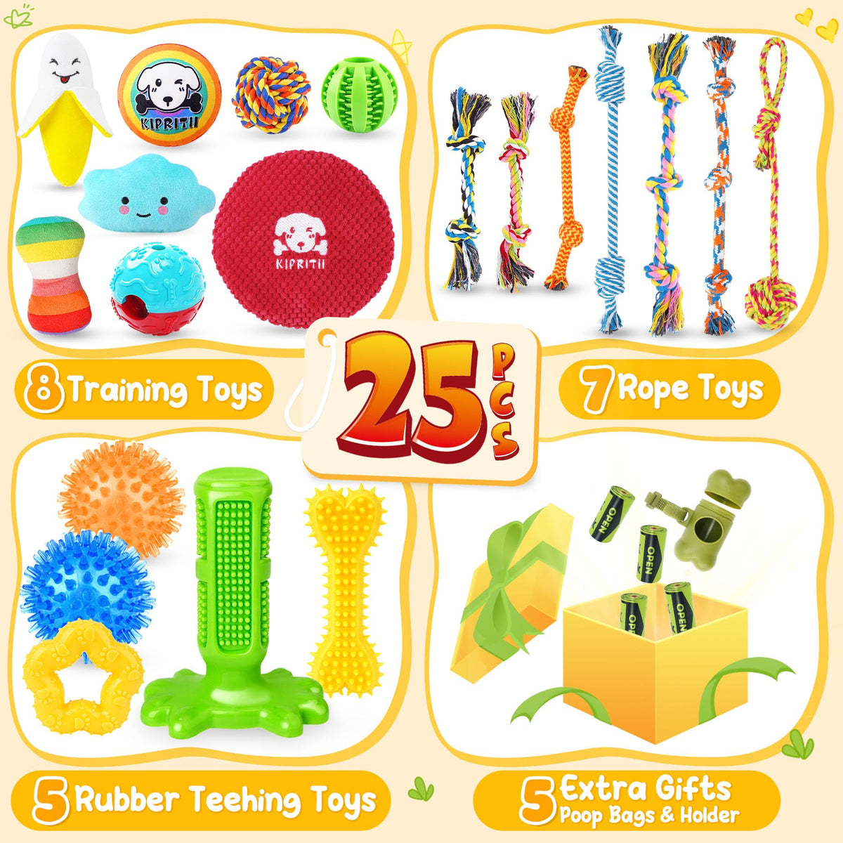 KIPRITII 25 Pack Various Dog/Puppy Toys Set for Small & Medium Dogs