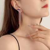Tasunom American Flag Dangle Earrings for Women, Patriotic 4th of July Earrings, 14K Gold Plated CZ Crystal USA Flag Drop Earrings with S925 Post