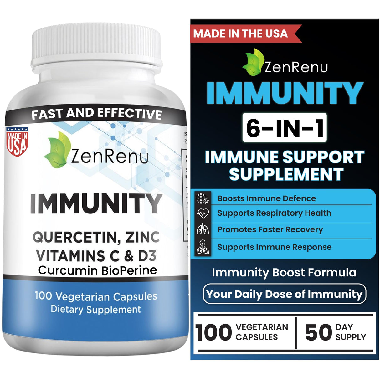 Zenrenu Immunity Quercetin 700 mg Zinc Vitamin C Vitamin D Immune Support Supplement with Curcumin - Easy to Absorb Immunity Supplement, 100 Vegetarian Capsules 50 Day Supply
