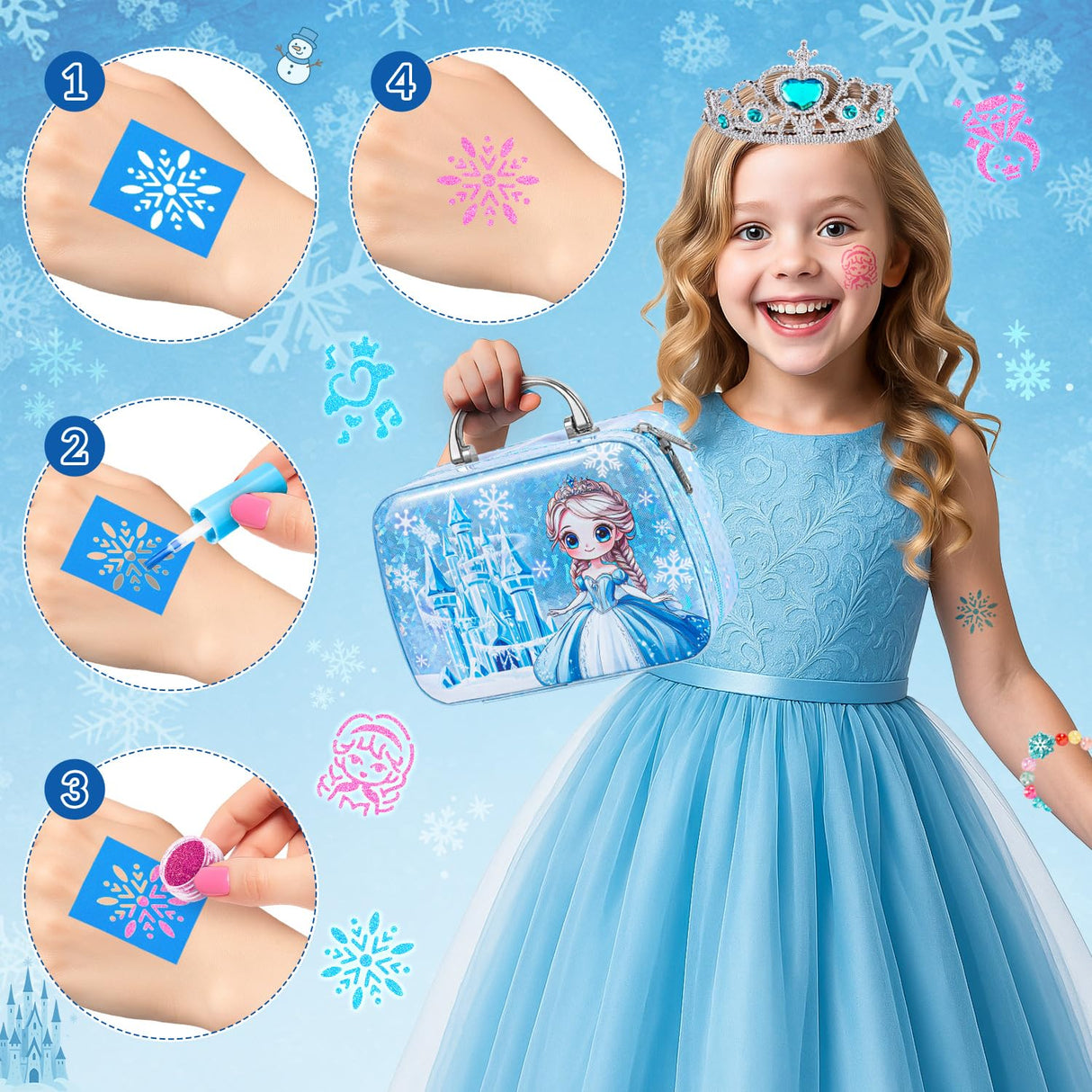Hohosunlar Kids Makeup Set for Girls Toys, 34Pcs Washable Princess Frozen Make Up Kit w/ Dress Up Accessories, Christmas Birthday Princess Gifts Toys for Girls Kids Toddlers Age 3 4 5 6 7 8 9 10 11 12