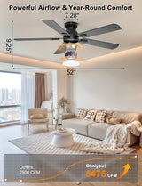 Ohniyou Ceiling Fans with Lights, 52 Inch Low Profile Ceiling Fan with Light and Remote/APP Control, Flush Mount, Dimmable, Quiet DC Motor, Black Ceiling Fan for Bedroom, Living Room