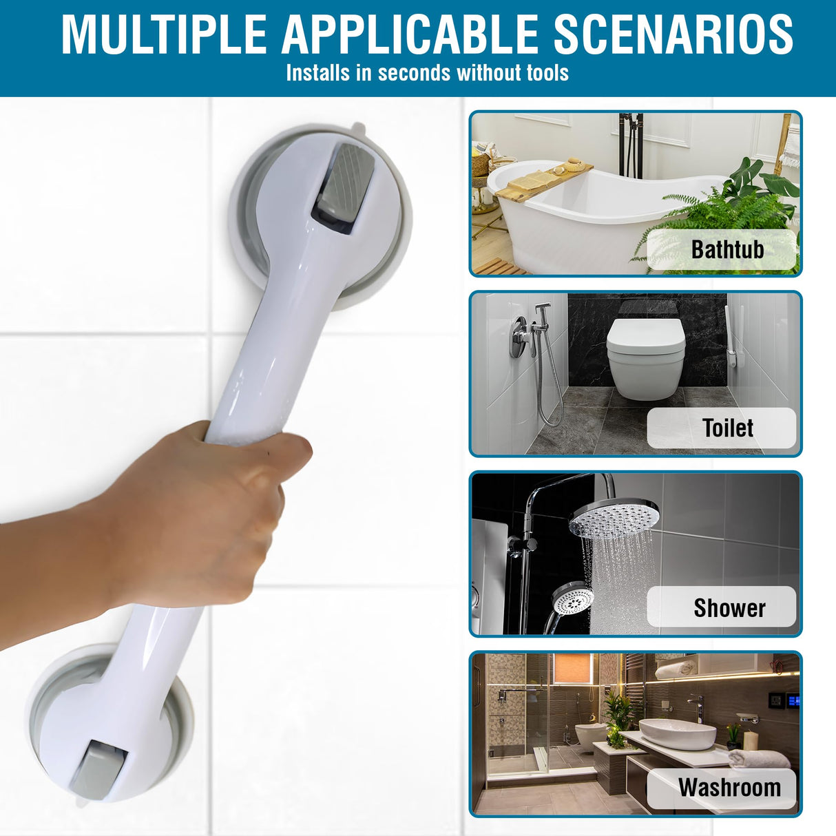 Grab Bars for Bathtubs and Showers, Heavy Duty Shower Handle 2 Pack 16 Inch Suction Cup, Removable Bar Bath Handrails for Seniors and Elderly Handicap, Bathroom Safety Grips No Drilling Waterproof