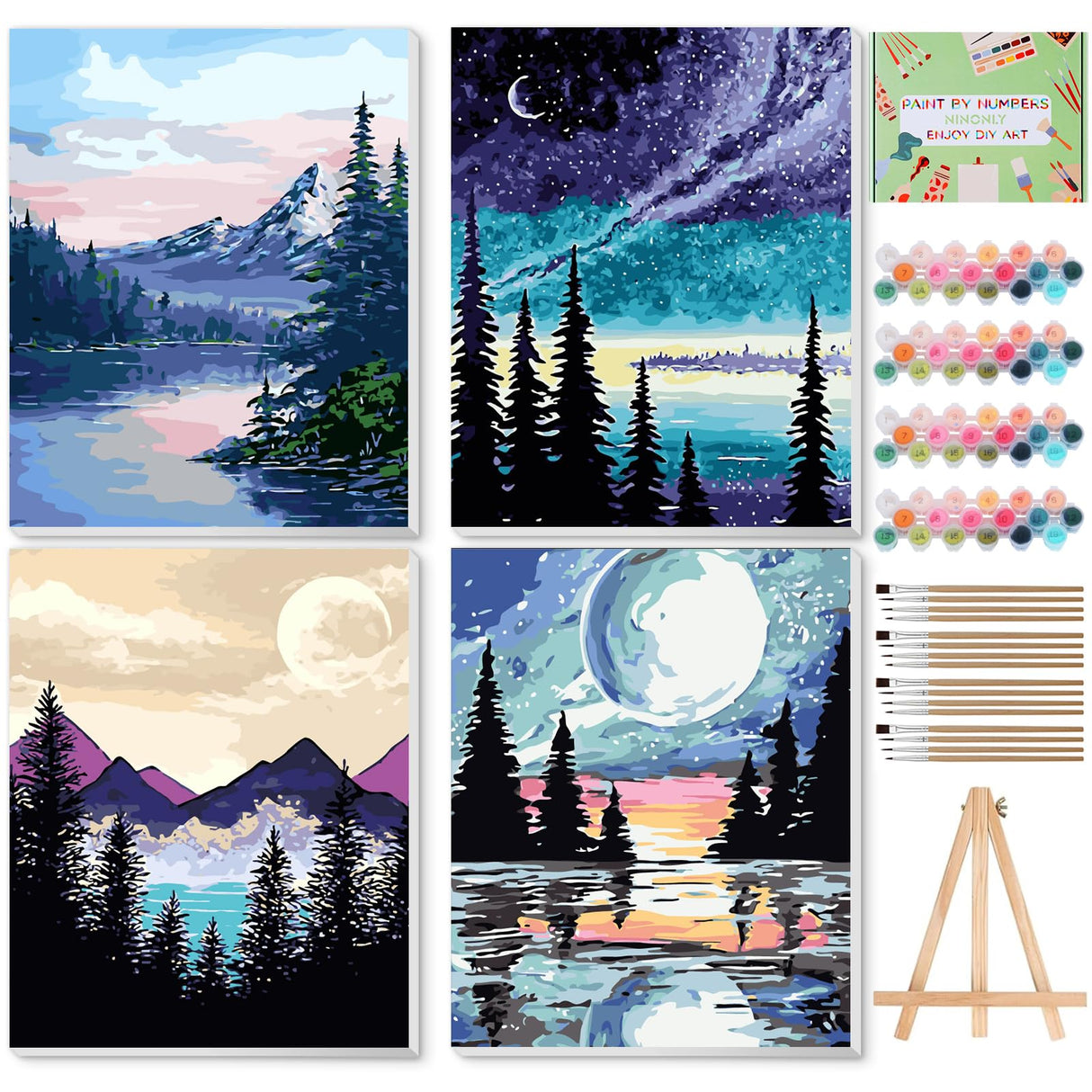 Ninonly 4 Pack Paint by Numbers Kit for Adults Framed Canvas, Art Supplies for Adults Beginners with Easel, Brushes, Acrylic Paint Set for Christmas Gift & Decor, 9 * 12 Inch