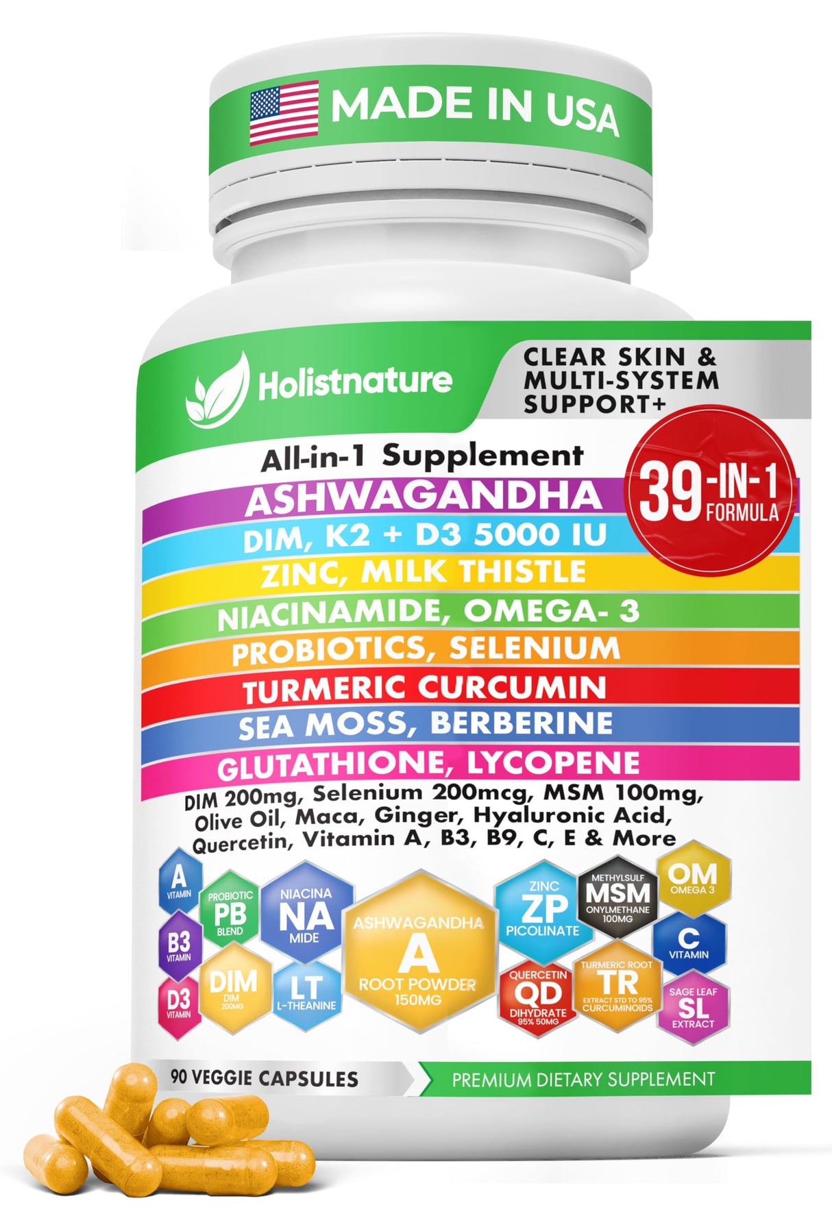 39-in-1 Skin, Gut & Hormone | Cortisol Support – with DIM, Zinc, Probiotics, Ashwagandha, Turmeric & Antioxidants – Clinically-Backed Supplement for Women & Men – Acne, Immune & Detox – 90 Capsules