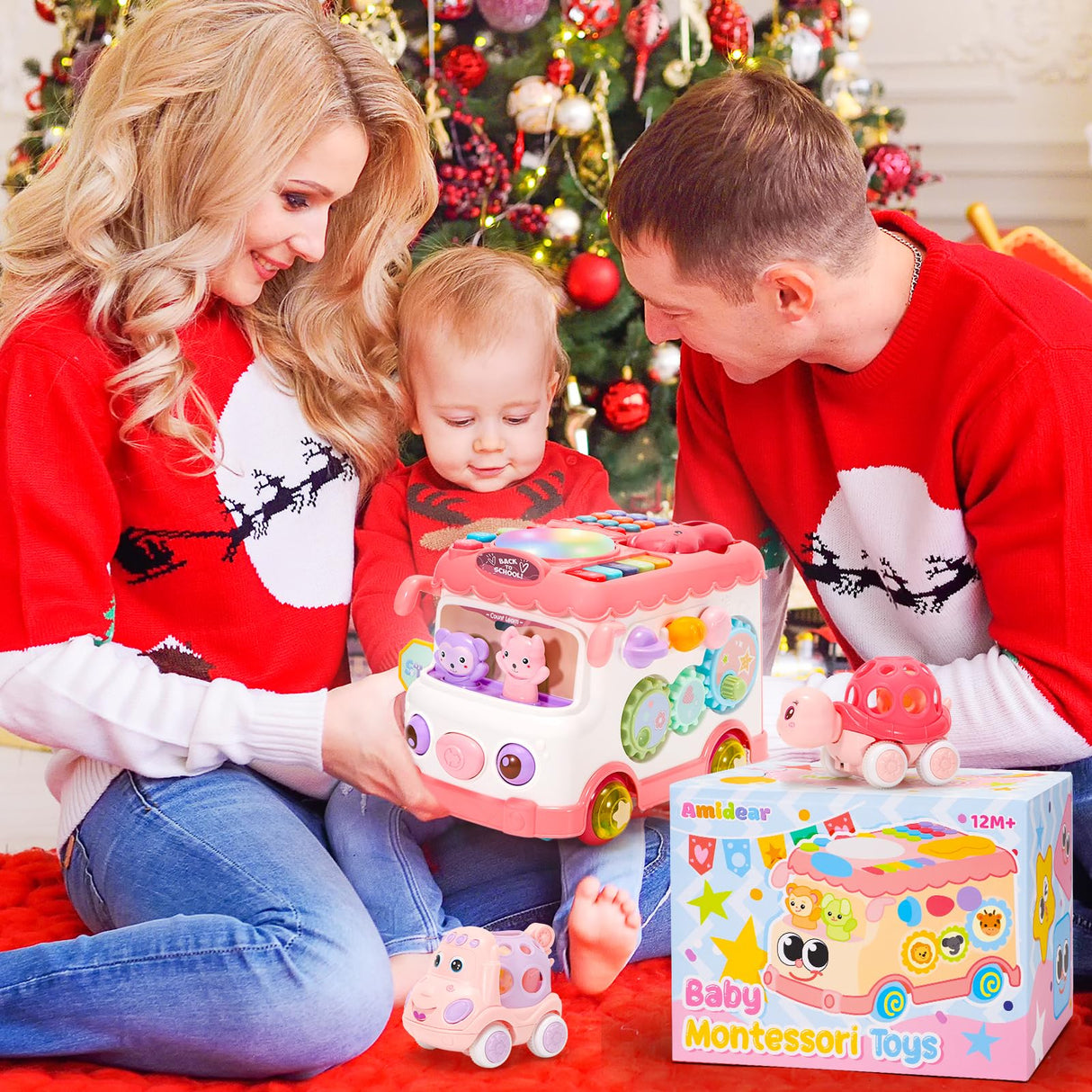 AmiDear Baby Gift for 1-2 Year Old Girl, 10-in-1 Montessori Toys Bus for Baby 6-12-18 Months+, Educational Musical Sensory Learning Toddler Toys Age 1-2, First Christmas and Birthday Gifts Pink