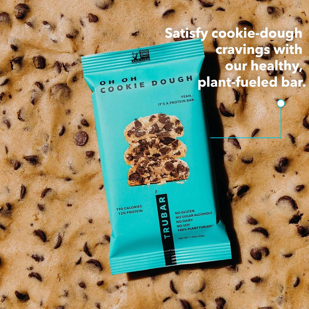TRUBAR Vegan Protein Bar, Oh Oh Cookie Dough, Gluten Free, Plant Based, High Fiber, Dairy Free, Low Fat, No Sugar Alcohols, 12G Lean Protein, 13G Fiber, Healthy Snack Bars, 12 CT