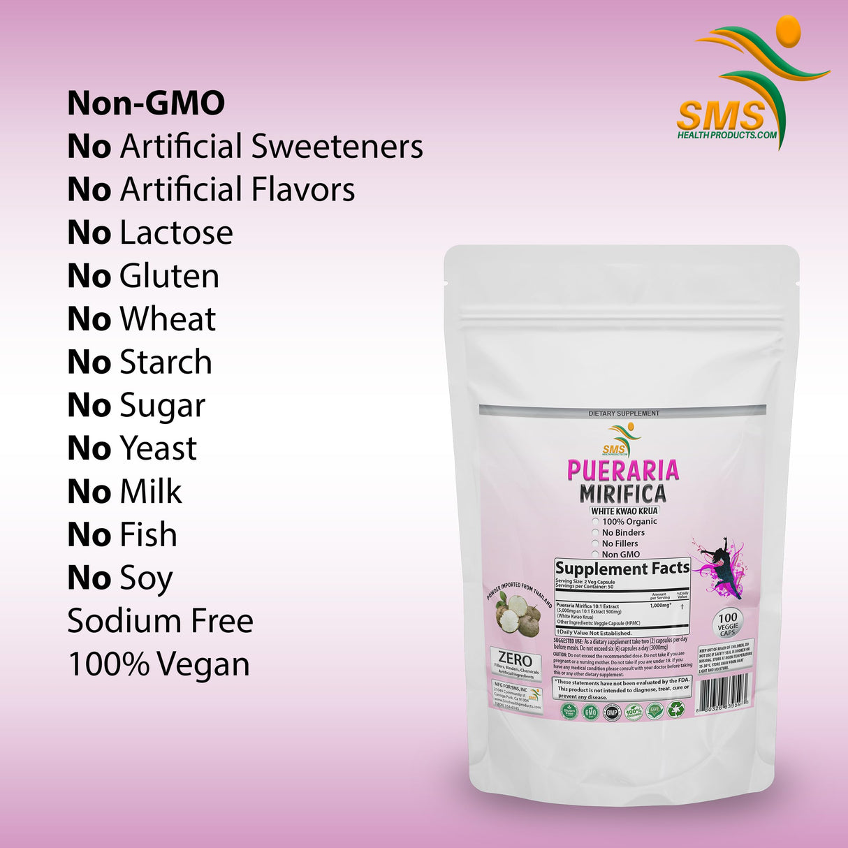 100 Caps Pueraria Mirifica White Extract Powder, 100% 10:1 Potent, Organic, 1,000mg Per Servings, Non GMO from Thailand, Premium Quality, Vegan