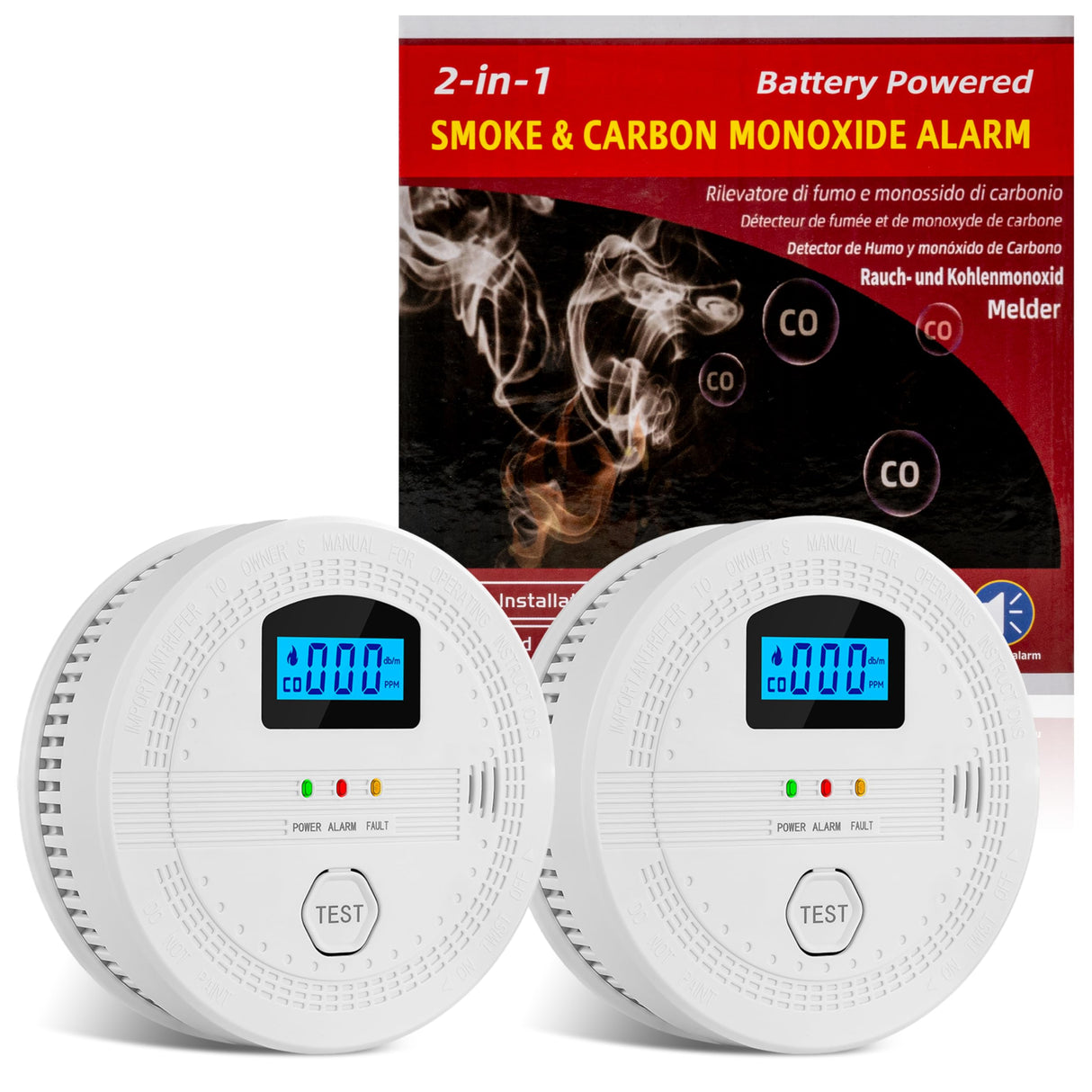 GQIRIL Smoke and Carbon Monoxide Detector - Battery Powered Monoxide Alarm with Dual Sensor and Digital Display, Portable Fire and CO Warning Light Indicators for Kitchen Home (No Battery) 2 Pack