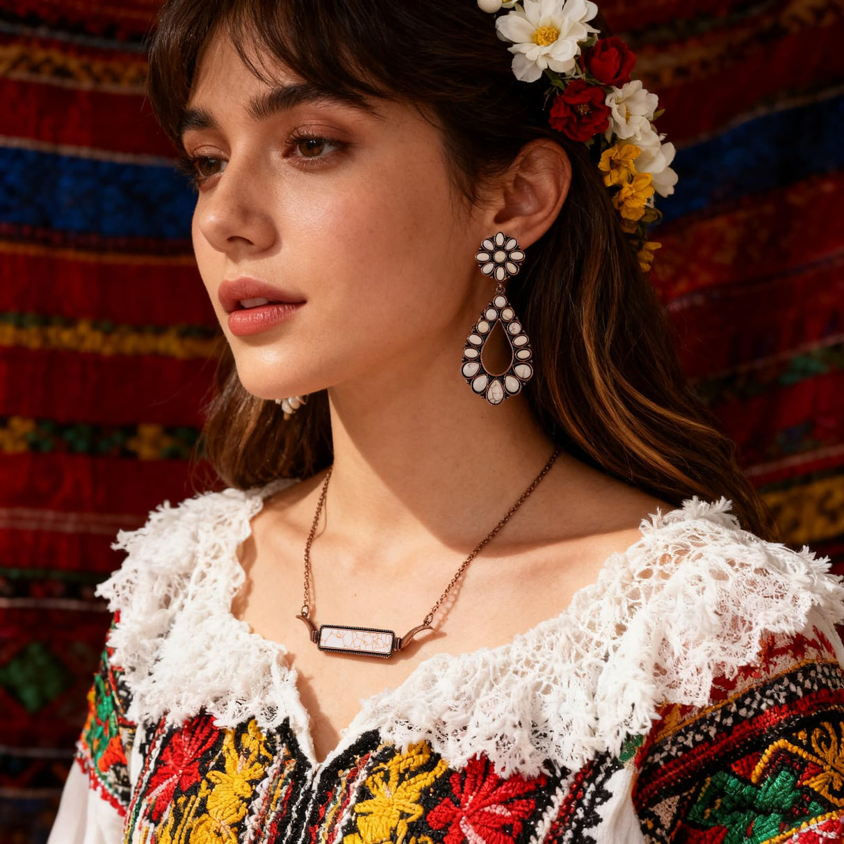 Misdary 3 Pcs Rustic Western Jewelry for Women Cowgirl Jewelry Set Turquoise Necklace Earrings Cuff Bangle Bohemian Bracelet for Women