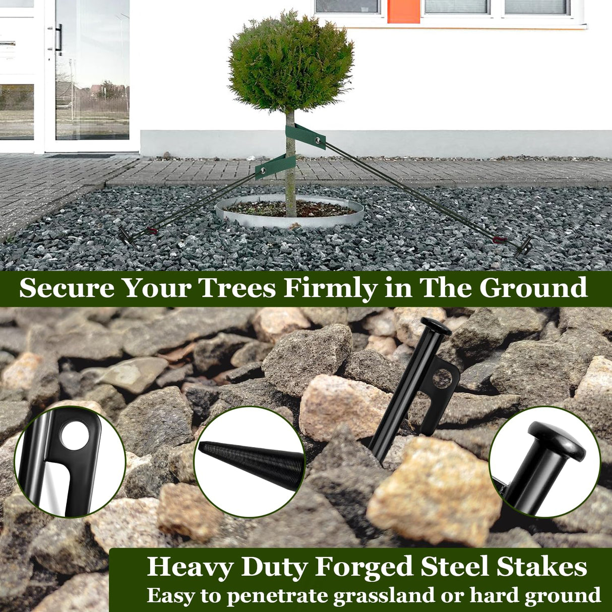 Tree Stakes and Supports, Heavy Duty Tree Stakes Kit Include 3Pcs Tree Straps for Staking, 3Pcs 16" Steel Spikes, and 39Ft Rope, Tree Supports for Young Tree Anti Strong Wind, Bad Weather