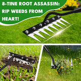 Iron Weeding Rake with Long Handle 2.0, Upgraded 8 Teeths Garden Weed Puller Tool Heavy Duty Gardening Tool for Lawn, Flower Beds & Soil Aeration