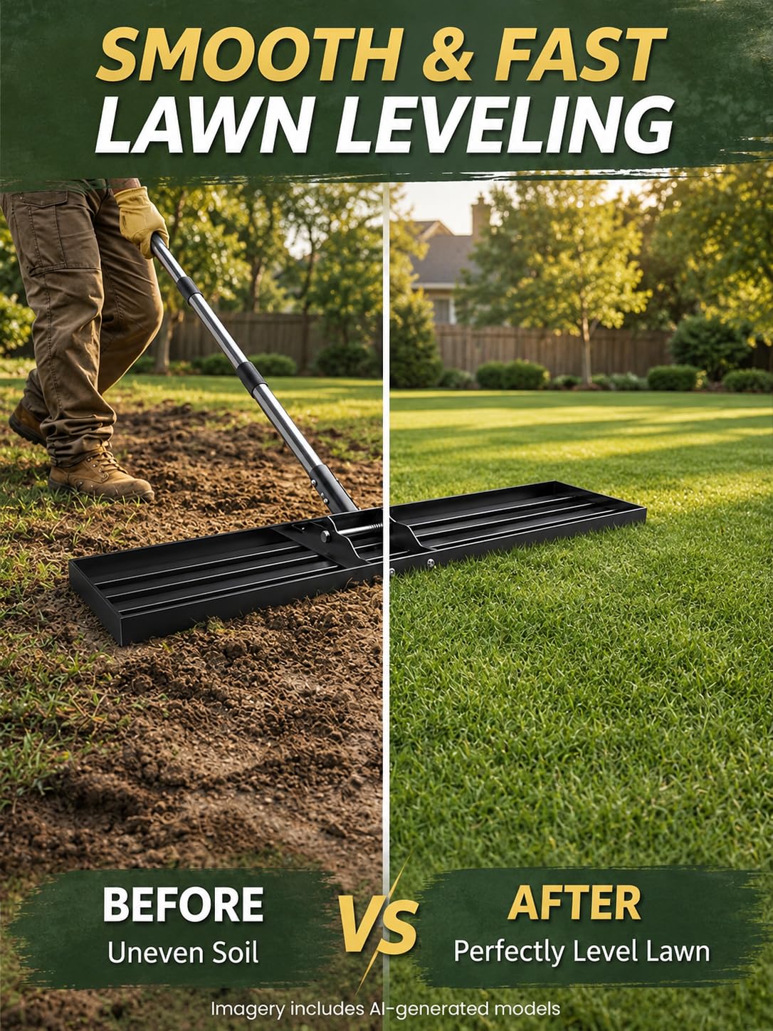 30x10 inch Lawn Leveling Rake, Yumatum 72" Heavy Duty Lawn Leveler Tool, Stainless Steel Handle Lawn Leveler for Yard Golf Pasture Garden, Professional Lawn Care Landscape Rake