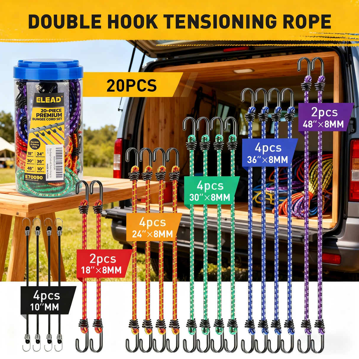 Bungee Cords Heavy Duty Outdoor: 20 Pcs Premium Rubber Bungee Cords with Hooks in a Storage Jar Includes 10", 18", 24", 30", 36", 48" Bungee Cord for Camping, Tent, Fastening Items