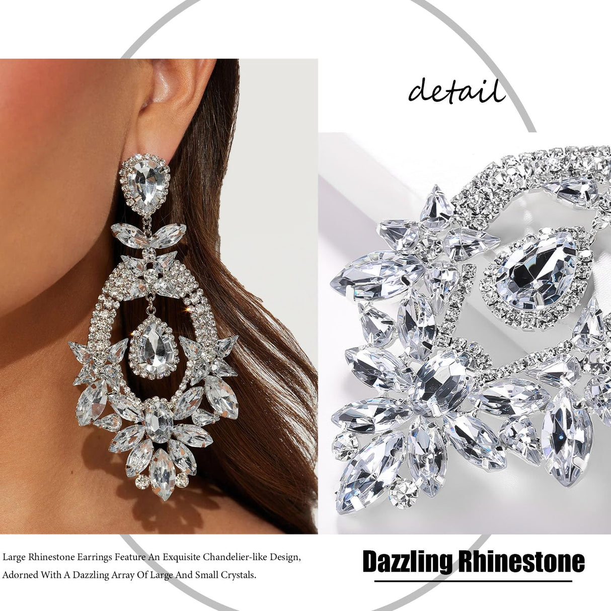 XSBODY Costume Silver Large Rhinestone Earrings Dangling Trendy Bling Oversized Statement Earrings For Women Formal (Silver-01)