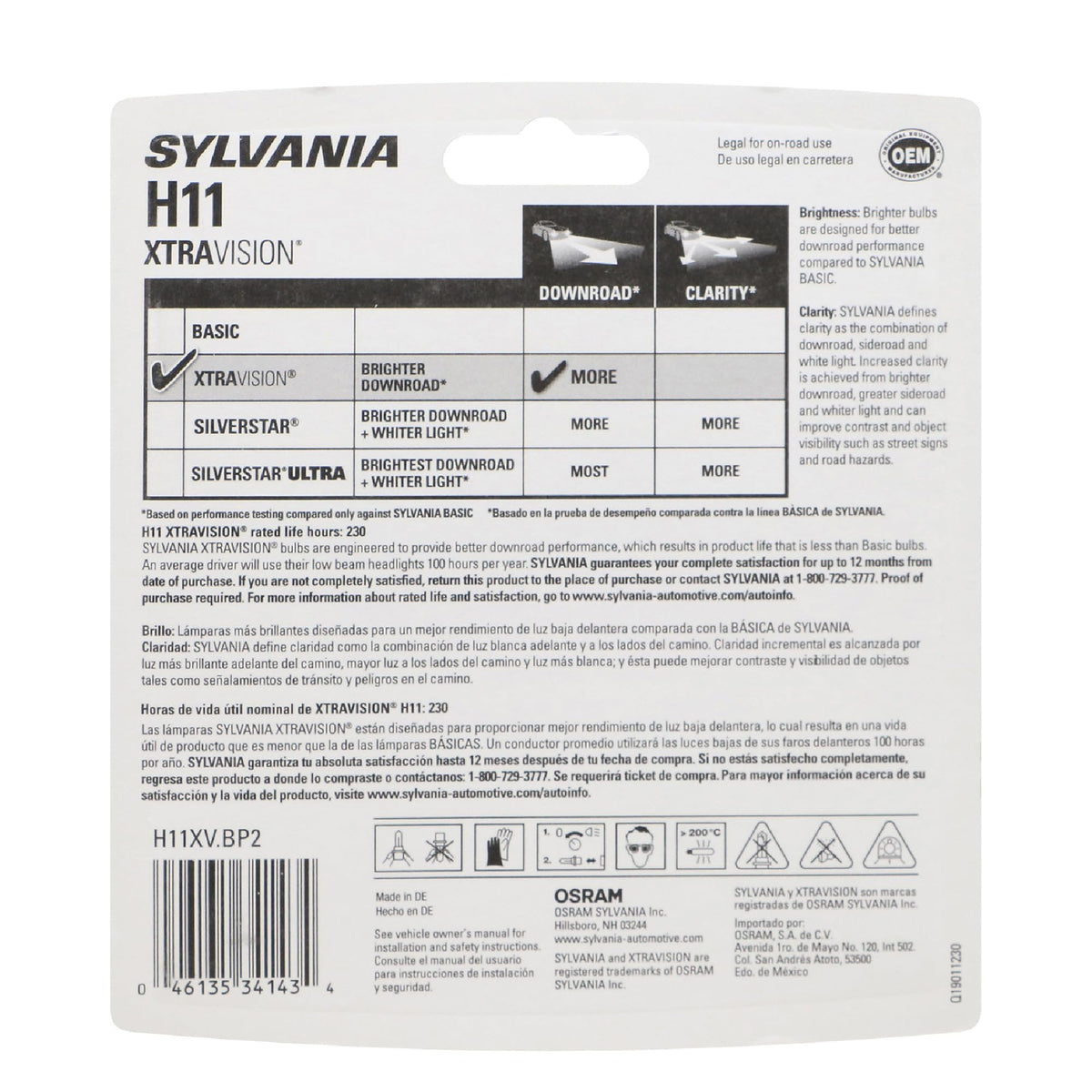SYLVANIA H11 XtraVision Halogen Headlight Bulb, High or Low Beam, 2 Bulbs