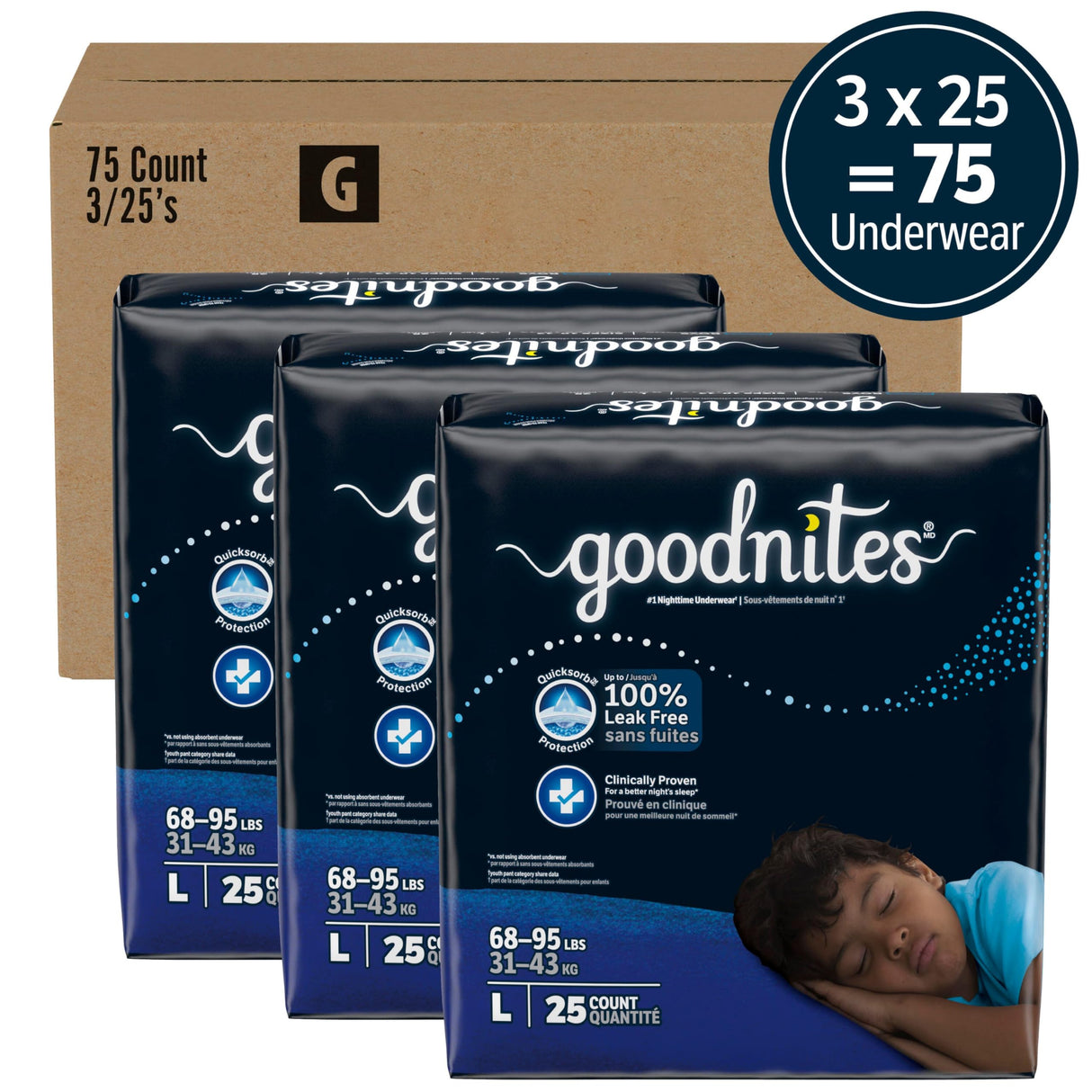Goodnites Boys' Nighttime Bedwetting Underwear, Size Large (68-95 lbs), 75 Ct (3 Packs of 25), Packaging May Vary